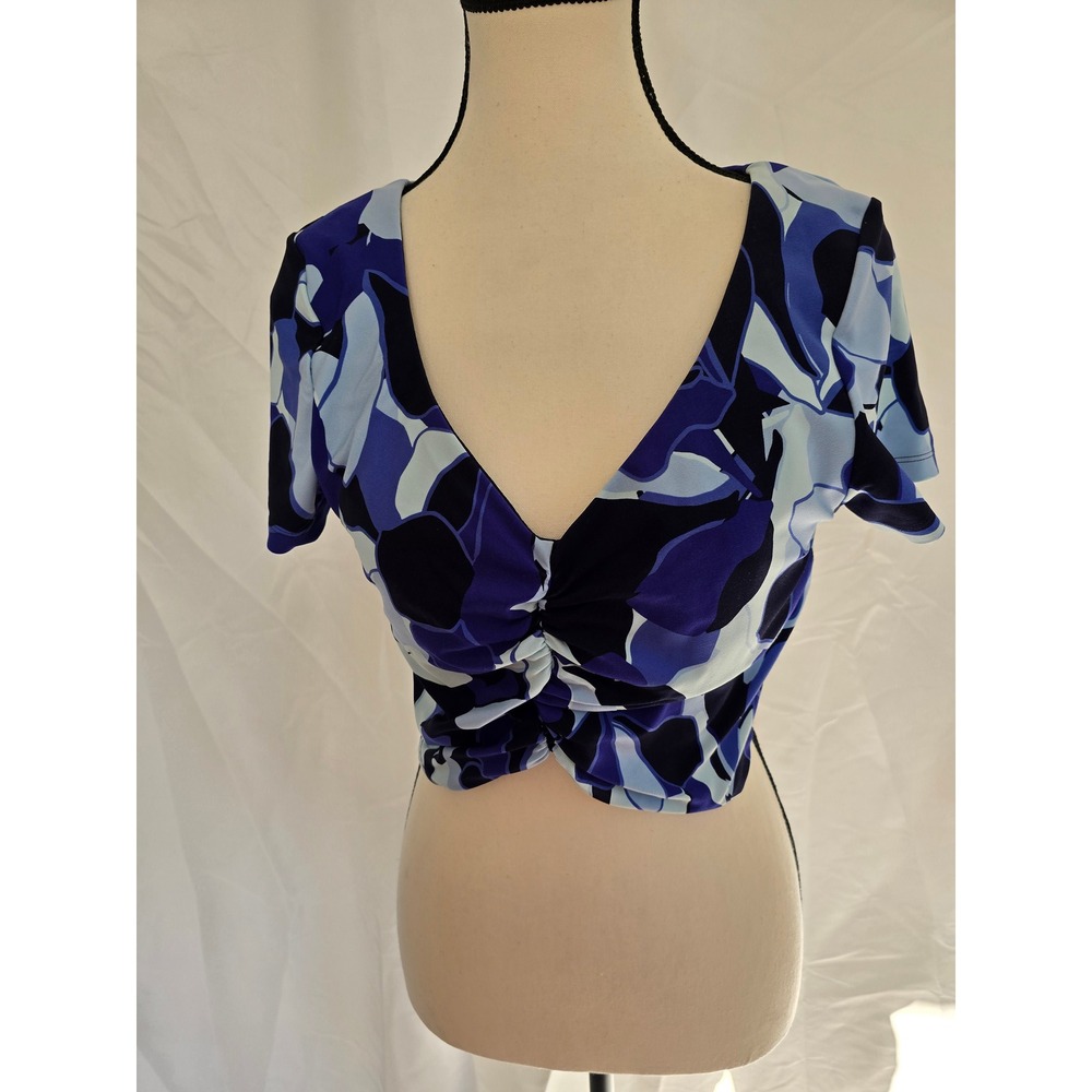 Aerie‎ Offline Blue Abstract Floral Ruched V Neck Crop Top Womens XL